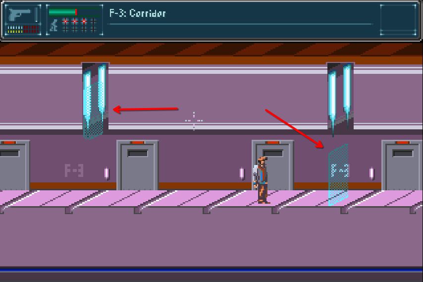 In this screenshot there is the corridor of the room 22 with 4 closed doors. in the roof there are 2 energy barrier (I've talked about them in the post) and at the center there is Kal, the game's hero.
