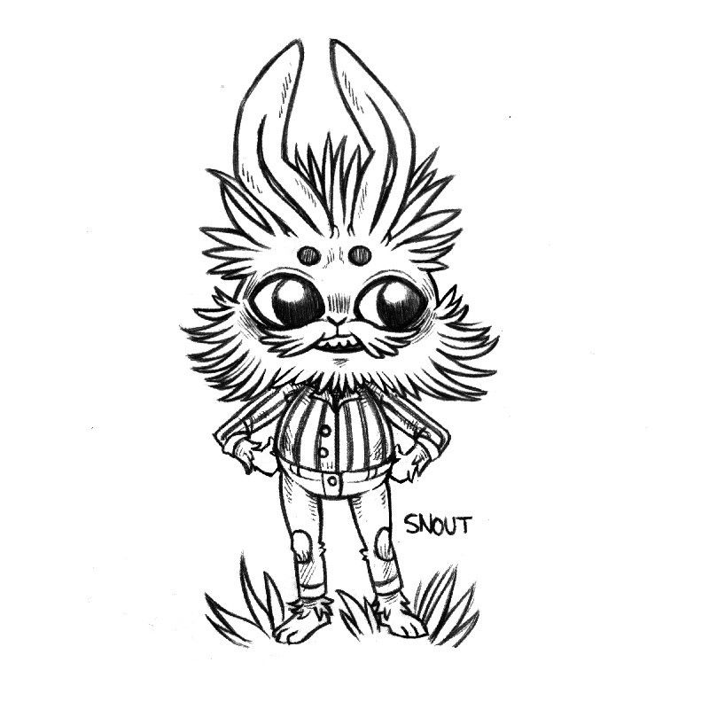 a drawing of a bearded and mustachioed humanoid rabbit, standing with their hands on their hips. Their ears are slightly crooked, they've got long thin legs and are wearing a stripped chemise.