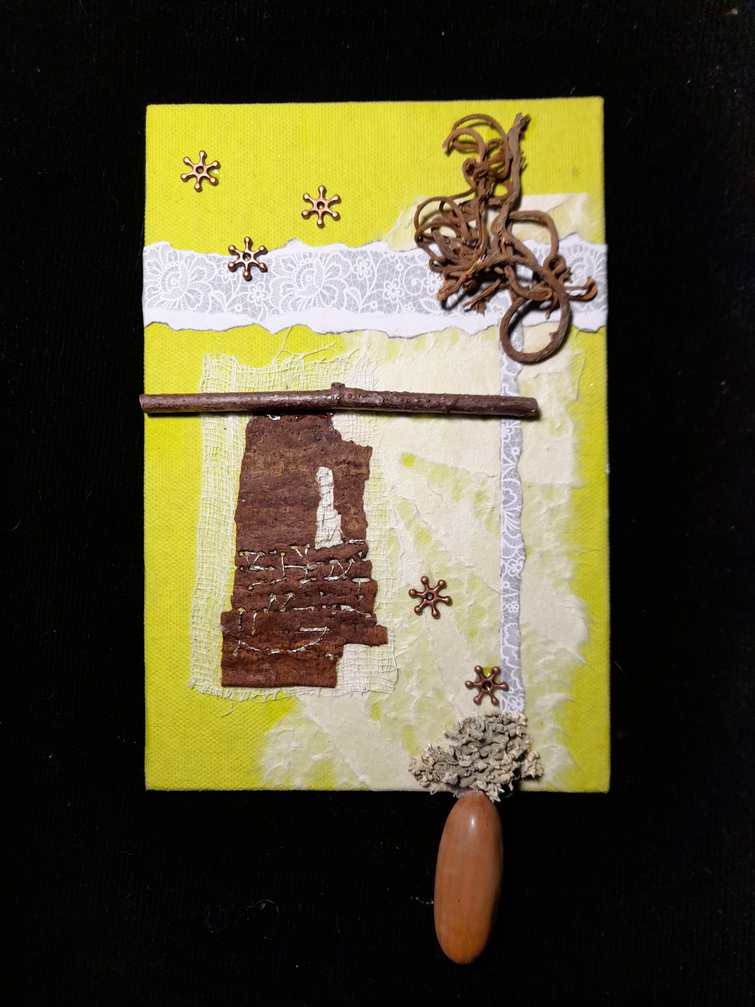 A rectangular (portrait) abstract collage on a yellow background. The composition is based on a cross with the intersection point shifted to the top right. It's made with different white papers (transparent fluffy mulberry paper and lace print) and nature findings (wild cherry bark, a grea lichen, a very long acorn (like a pendant), an intertwined structure (root?), and some small copper stars. The natural holes in the bark are embroidered with silver thread.