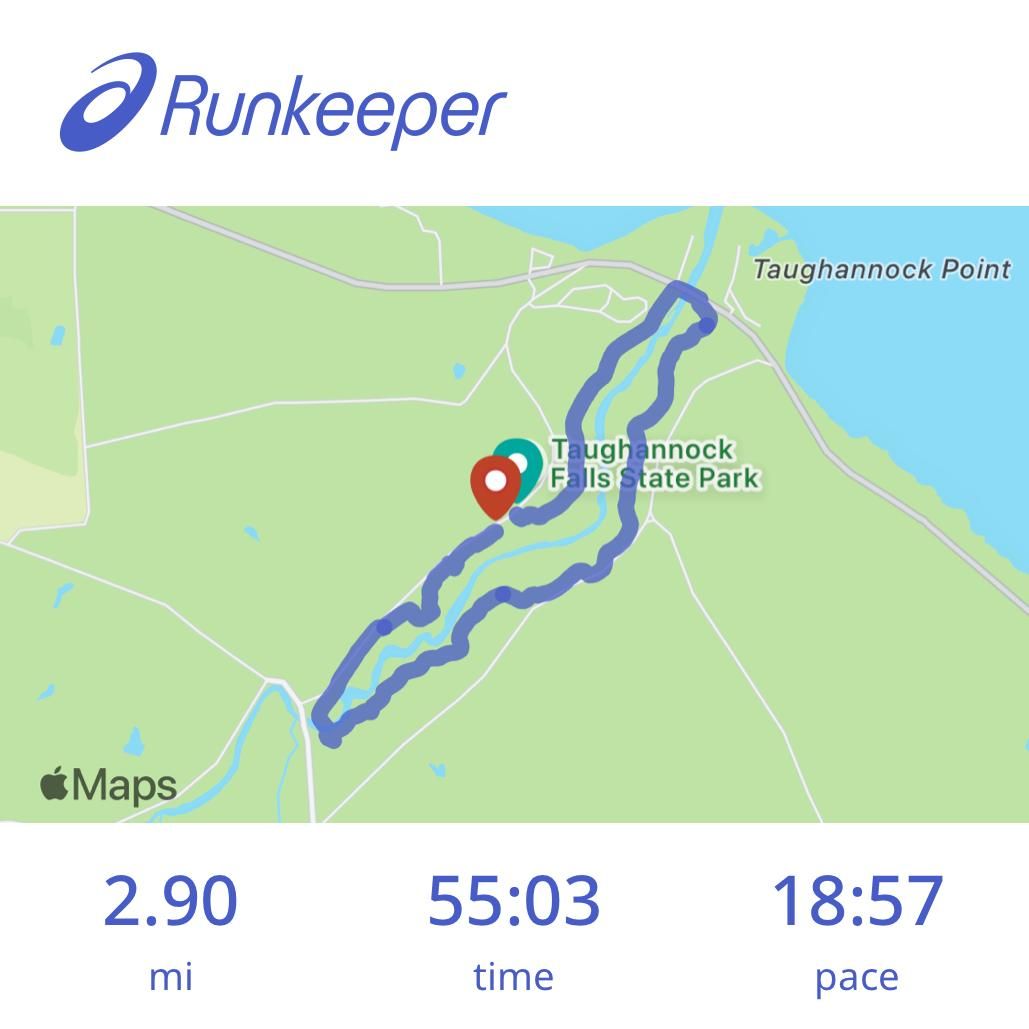 The map of a 2.9 mile loop in a fitness app. The loop was completed in 55:03 (minutes:seconds) and a pace of 18:57 per mile.
