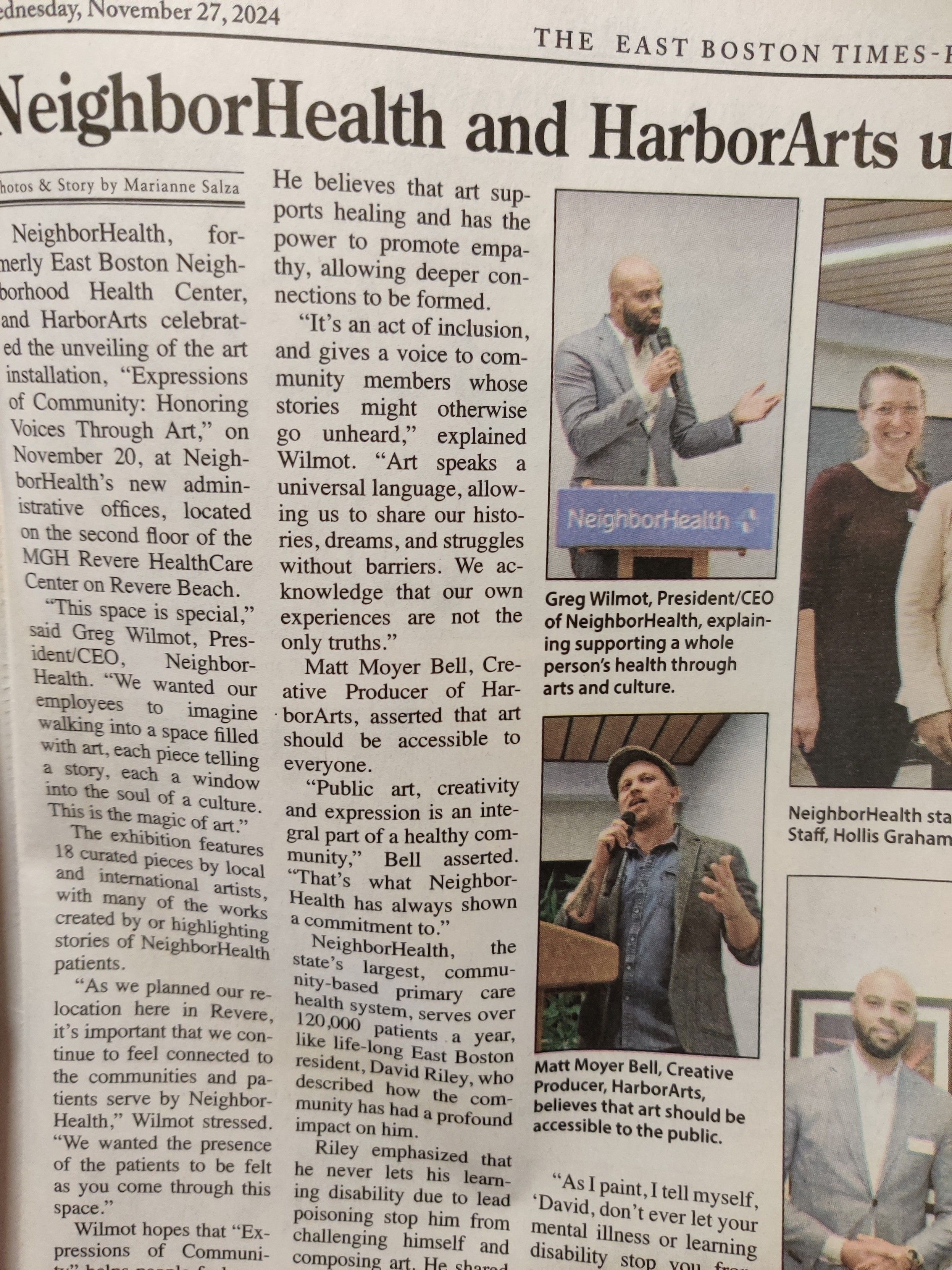 a page of newspaper with a headline along the top, two columns of small text and four separate photos of humans: one wearing a hat and two of the same person in a suit