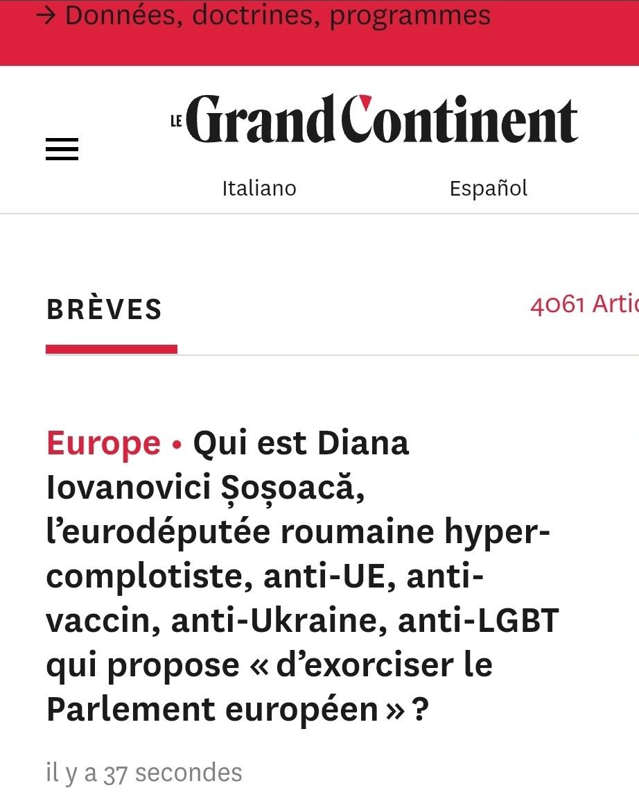 Portada de la versión francesa de Le Grand Continent con un artículo reciente sobre la loca que grita en el Parlamento europeo. 