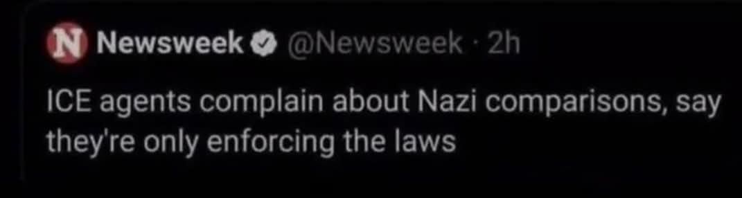 Newsweek

@Newsweek. 2h

ICE agents complain about Nazi comparisons, say they're only enforcing the laws