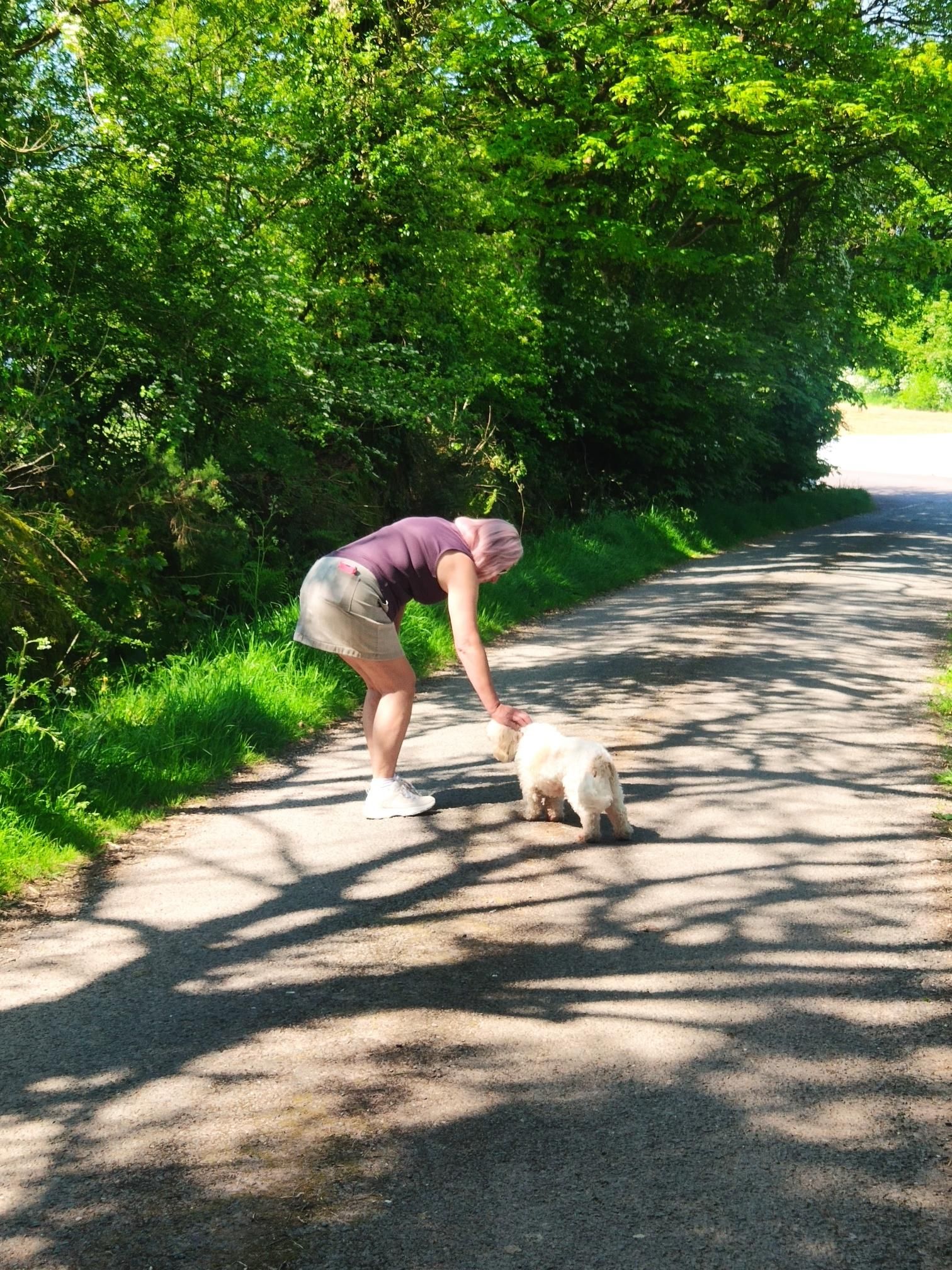 A photograph of a woman on a country road patting her white dog