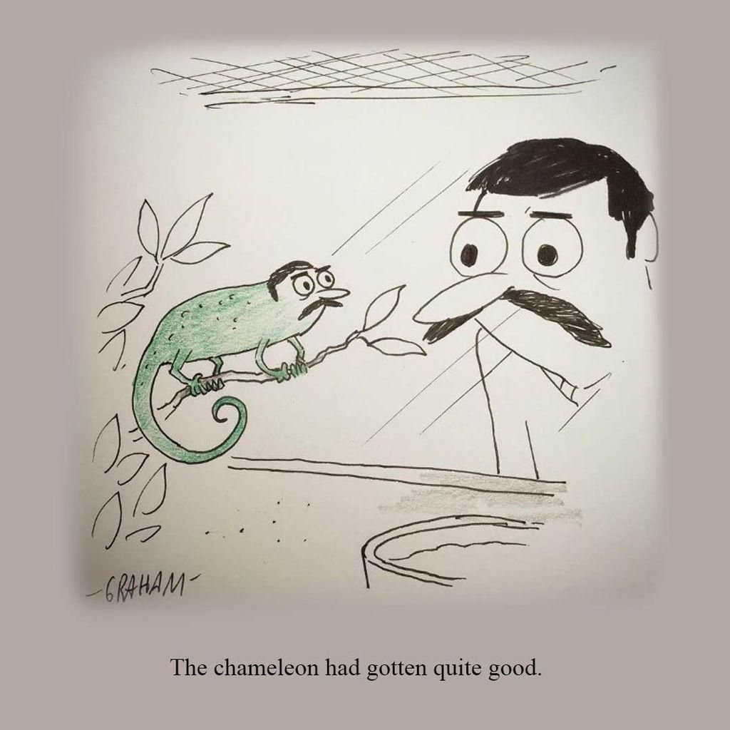 A cartoon illustration of a mustached man looking into the terrarium of his chameleon who has a face identical to his. Caption reads "The chameleon had gotten quite good."
