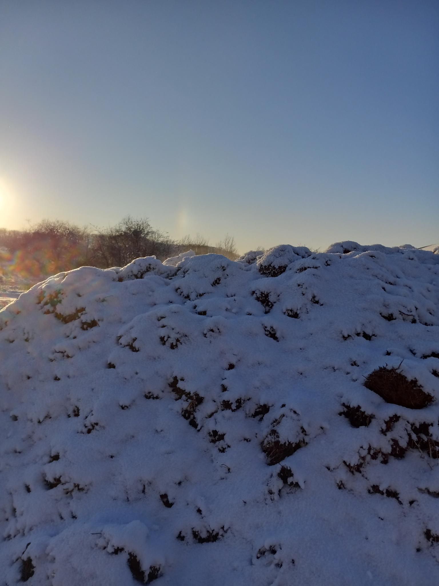 A large pile of compost covered with a light layer of snow.  There's a bit of steam coming out of it, and a rainbow coloured sun dog right above it in the blue sky.