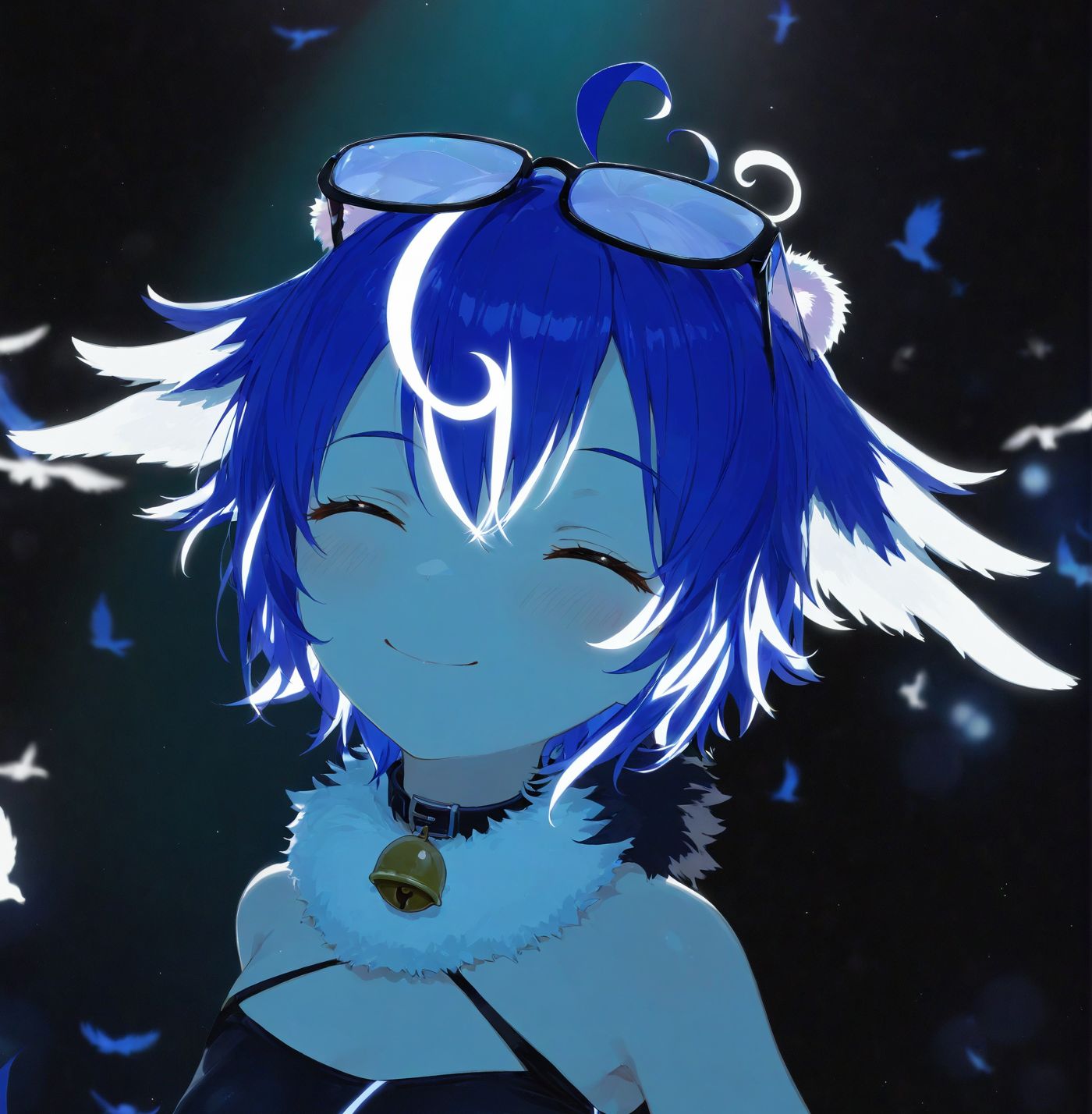 Humanoid bird character, spotlight behind her, hair backlit to a bright white around the outskirts. Closed eyes and a warm smile, their black-rimmed nerd glasses over their hair. Choker with a bell and fluffy collar, bare shoulders. What appears to be small paper birds falling all around them.