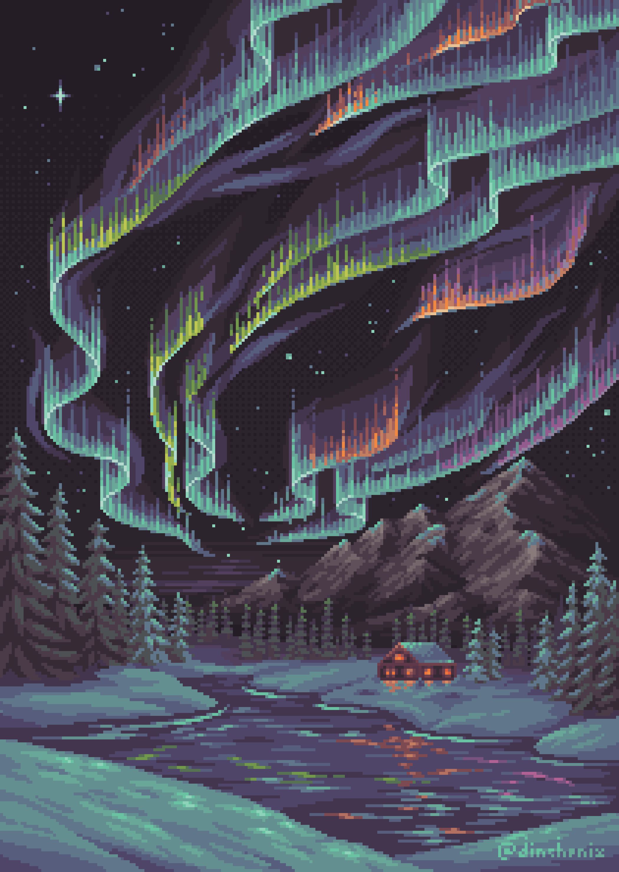 pixel art illustration of a wintery scene showing the northern lights in different colors, which are reflecting onto a lake below. behind the water, on the snow is a hut with windows glowing in warm light, behind the hut is a forest of pine trees and a mountain range in the distance.