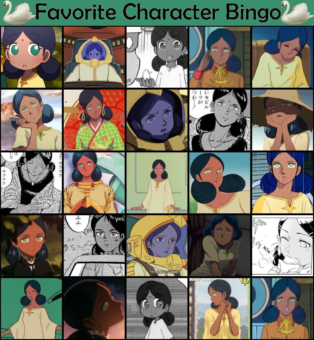 Favorite character bingo but every image is Lalah Sune from Gundam anime. manga and official art.