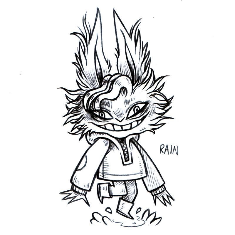 an ink drawing of a humanoid rabbit named Rain, standing while hopping in a puddle of rainwater. Rain is wearing a tain jacket, they are grinning somewhat awkwardly while looking head, the fur on their cheeks and ears are particularly dishevelled.