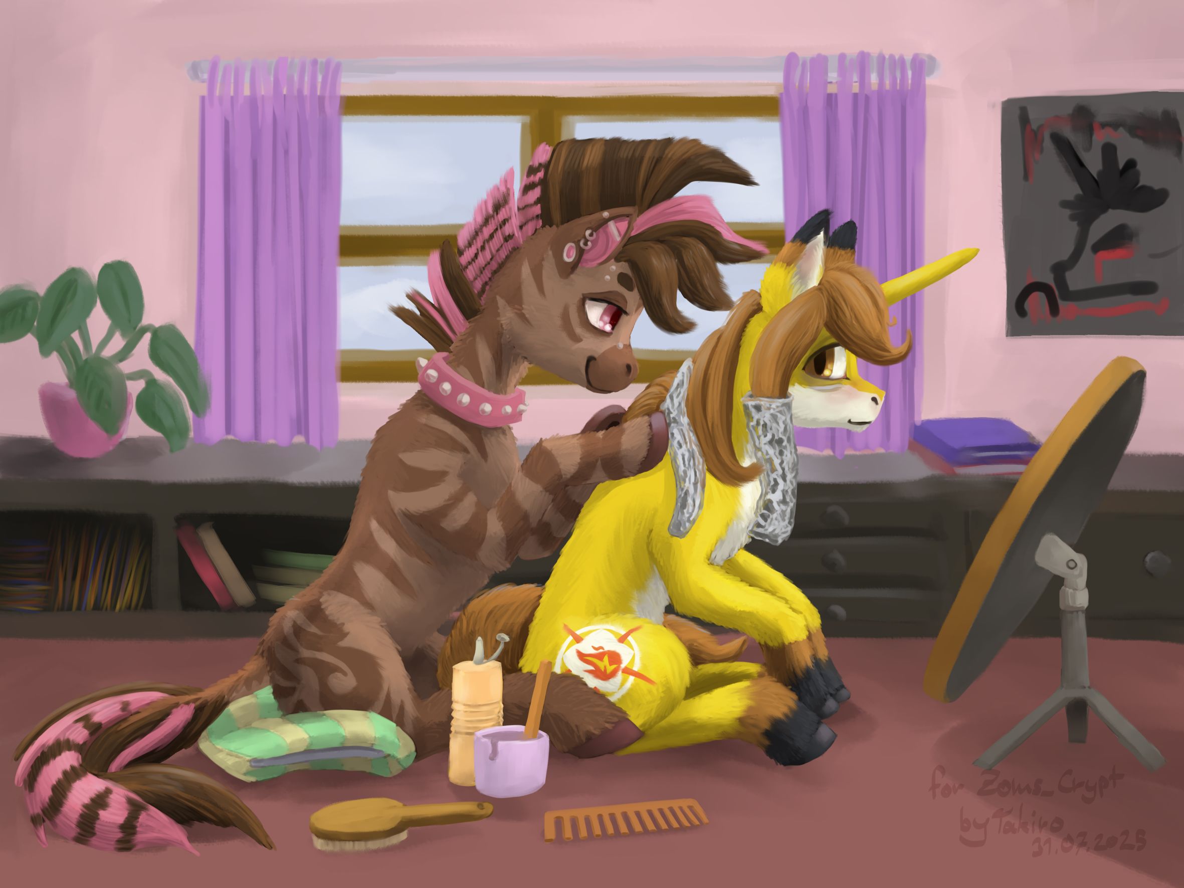 A digital painting of a feral zebra dyeing the mane of a feral unicorn. The zebra is brown with dark brown stripes. The zebra has a brown Mohawk as a mane, parts of it are Pink, same for it's tail. 

The unicorn has yellow fur and a brown mane and tail, it is sitting in front of the zebra with his back facing to him while the zebra puts tin foil in the unicorns mane. The unicorn us blushing slightly and trying to look back to to the zebra who has a friendly and loving expression. 

They sit in a room with a mirror in front of them and utensils for hair dyeing next to the zebra. 