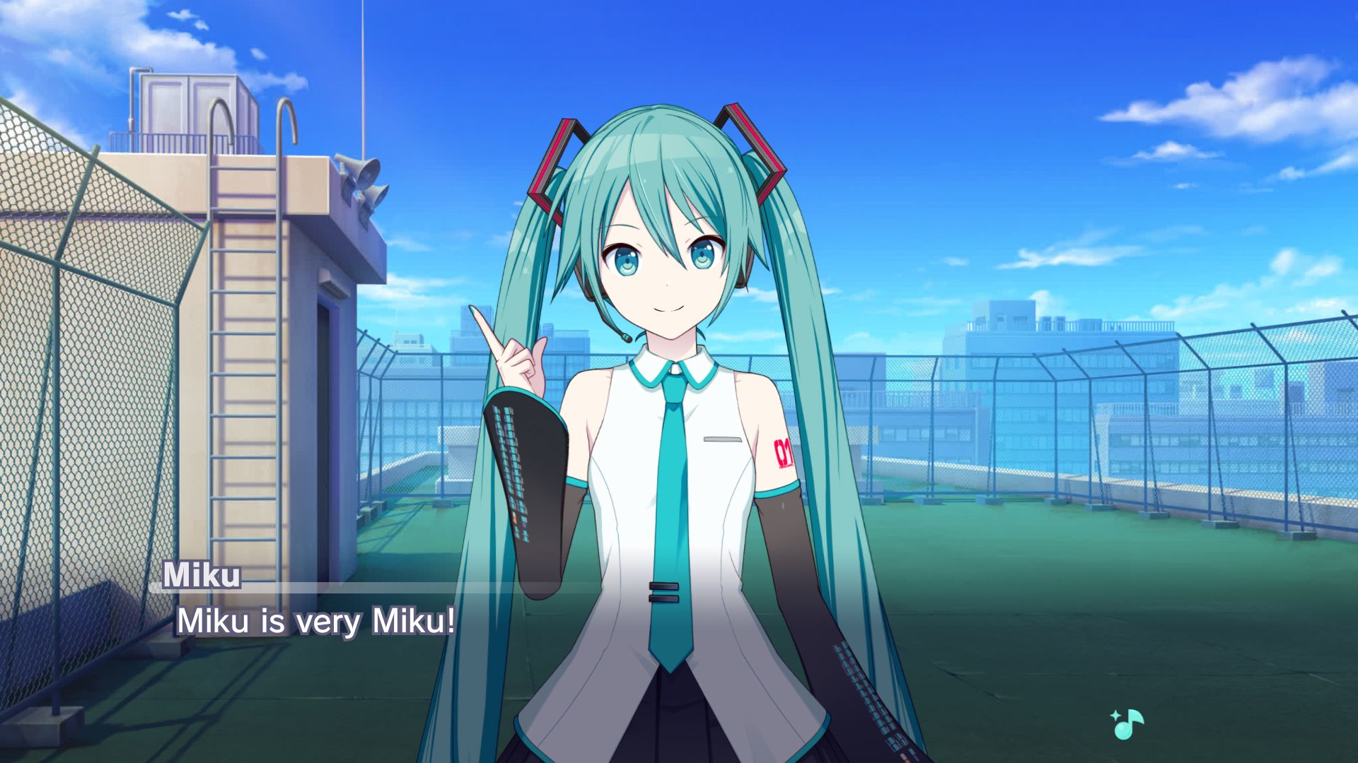 Made from Project Sekai's story board, on a rooftop, Hatsune Miku says "Miku is very Miku!"
