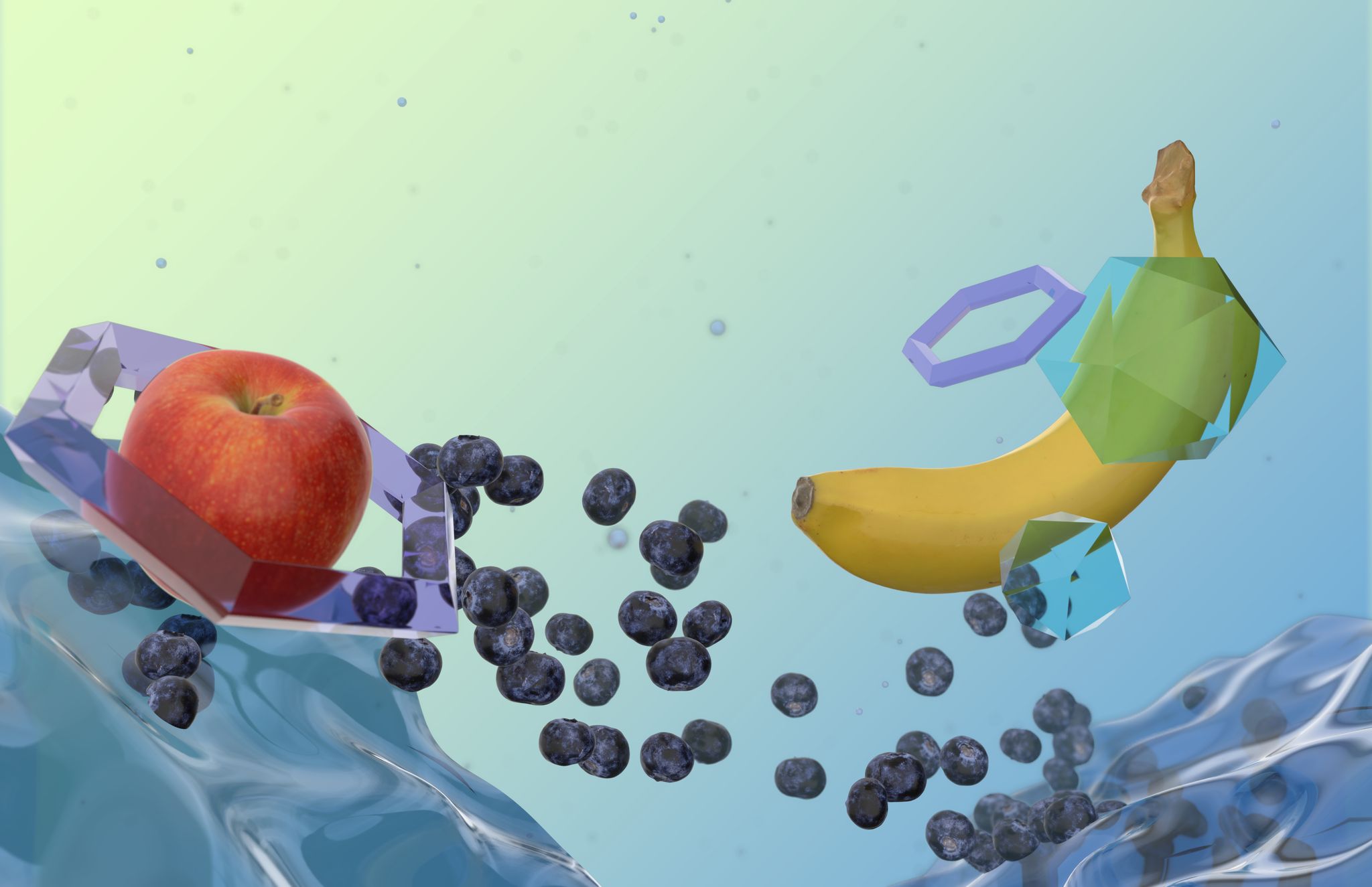 A 3D artpiece depicting an apple, banana and many blueberries mixed with glassy, 3D geometry. crystal clear, geometric water is seen on both of the bottom corners of the render, alongside perfectly spherical water droplets dotting the scene