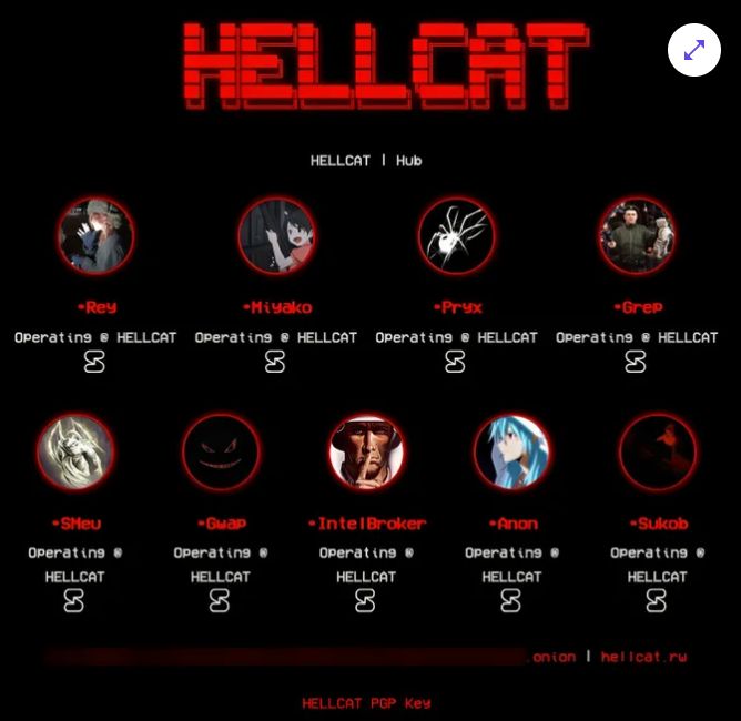 A screenshot of the Hellcat ransomware website, showing the member roster. The site is a black background with Red and white lettering, and includes 9 profiles with the person's nickname. Rey is the first one listed in the upper left corner of the list.