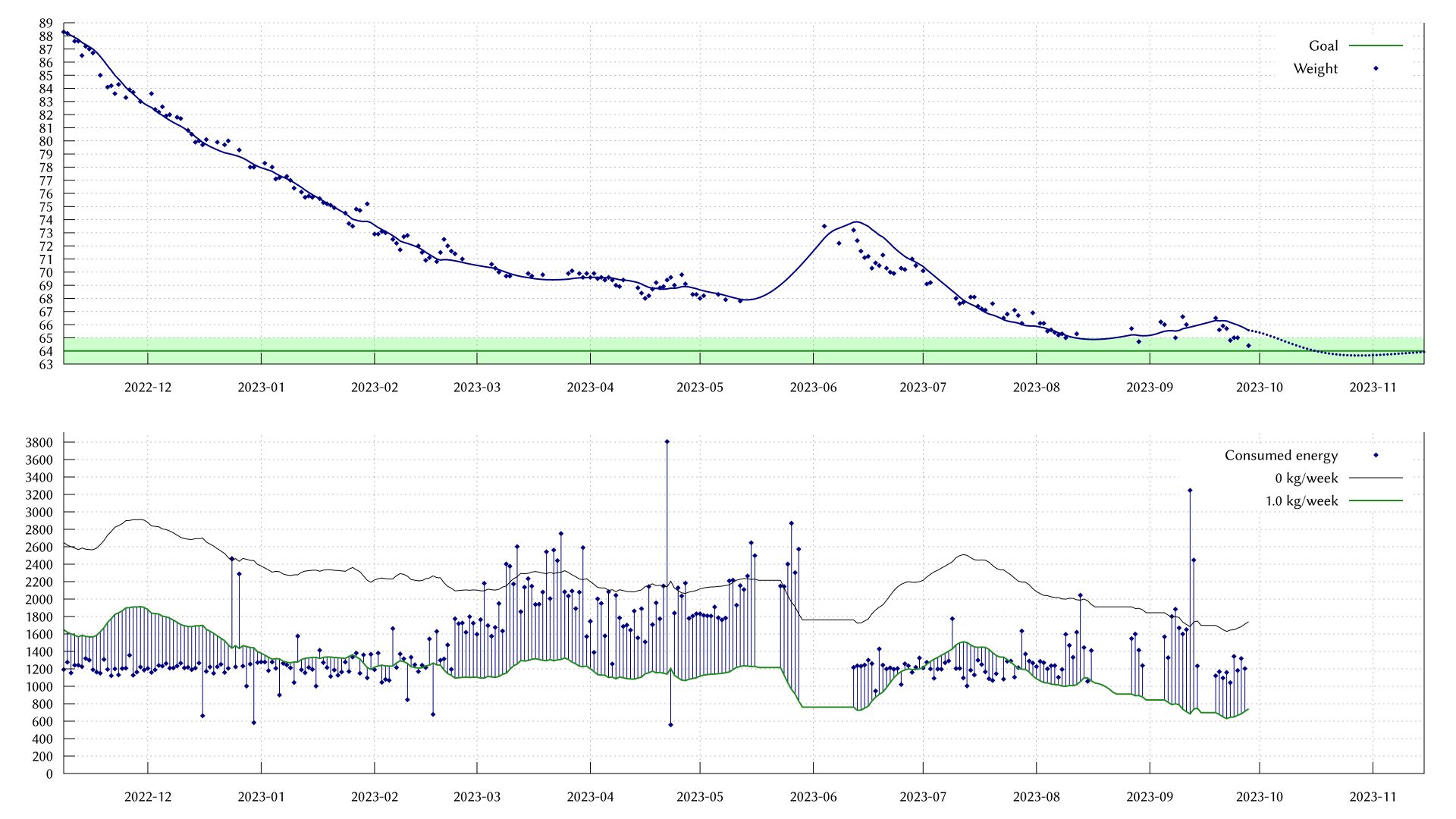 A graph of my weight. The measured points are now only 400 g away from my goal of 64 kg.