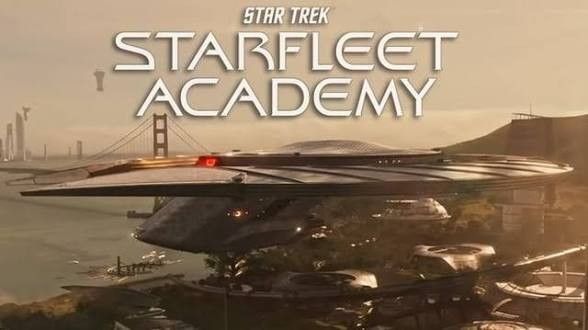 A picture of Starfleet HQ with San Francisco and Golden Gate Bridge in background 