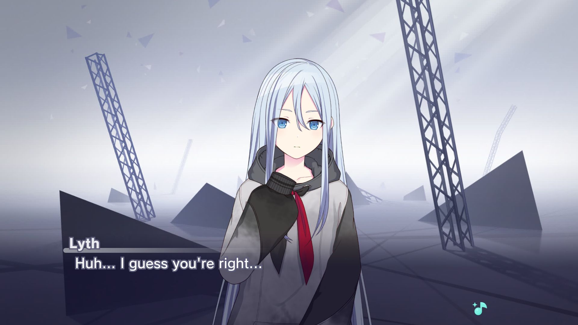 Lyth, now in the Empty Sekai, responds to 25Miku with "Huh... I guess you're right..."