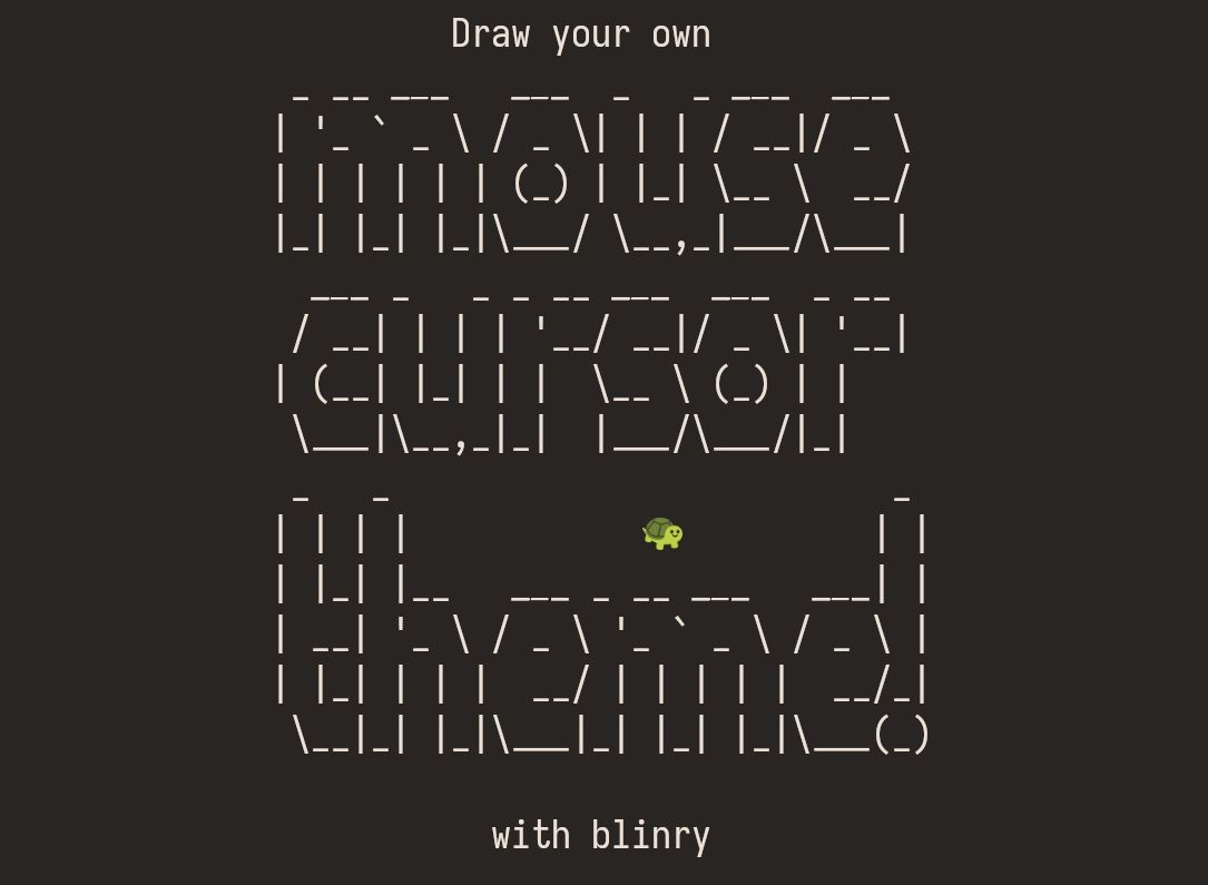 Some ASCII art says "Draw your own mouse cursor theme! with blinry". There is a small turtle emoji hovering over the text as a cursor.