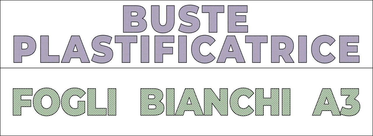 Scritte "Buste olastificatrice", a pallini viola, e "Fogli bianchi A3", a pallini verdi.