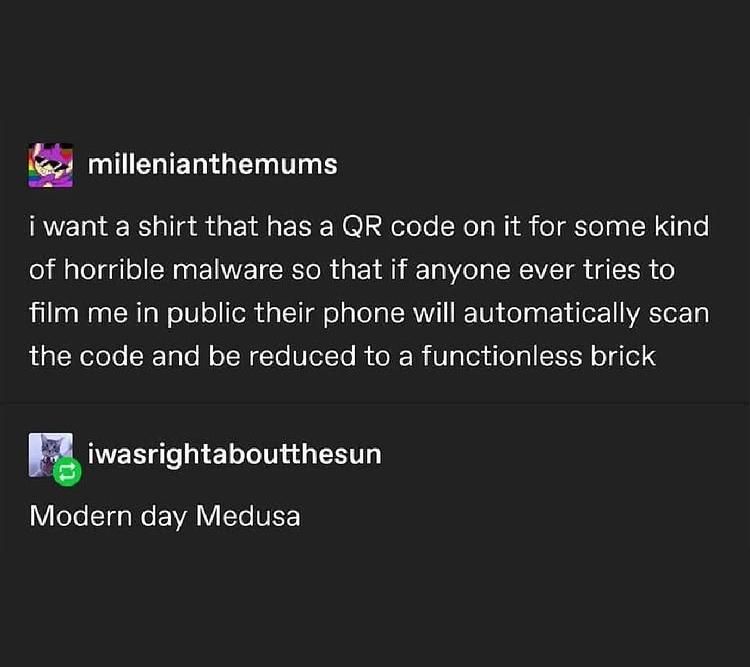 Screenshot from some other social media. Text reads:

millenianthemums

i want a shirt that has a QR code on it for some kind of horrible malware so that if anyone ever tries to film me in public their phone will automatically scan the code and be reduced to a functionless brick 

iwasrightaboutthesun
Modern day Medusa
