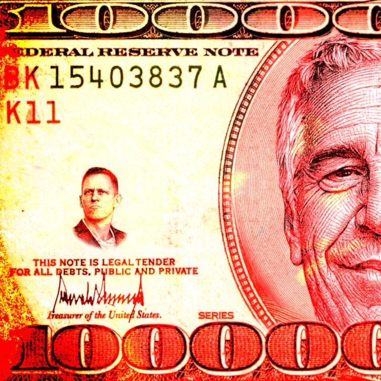 A detail of a US $100 bill. Jeffrey Epstein's mugshot has been overlaid over Benjamin Franklin's portrait. Peter Theil's portrait has been swapped for the US Dept of Treasury seal. Trump's signature has been swapped for the US Treasurer's signature. The line of zeroes after the 100, top and bottom, has been extended to the edge of the image. The image has been roughed up and recolored in a hellish mix of reds and yellows.

Image:
Gage Skidmore (modified)
https://commons.wikimedia.org/wiki/File:Peter_Thiel_(51876609719).jpg

CC BY-SA 3.0
https://creativecommons.org/licenses/by-sa/3.0/deed.en
