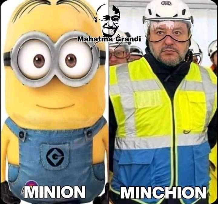 Split image showing two panels side by side. Left panel features a yellow Minion character with large goggles, blue overalls bearing a black 'G' logo, and the text 'MINION' at the bottom. Above the Minion's head, a small black-and-white image of Mahatma Gandhi's face is accompanied by the text 'Mahatma Grandi'. Right panel shows a person wearing a white helmet, safety goggles, and a high-visibility yellow-and-blue vest, with the text 'MINCHION' at the bottom. The background includes other people wearing helmets.

Fornito da @altbot, generato localmente e privatamente utilizzando Qwen3-Vl:30b

🌱 Energia utilizzata: 0.181 Wh