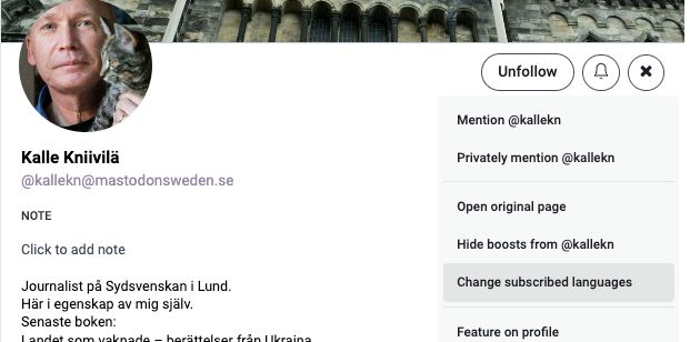 Profile page in Mastodon BirdUI, with the menu item "Change subscribed language" higlighted.