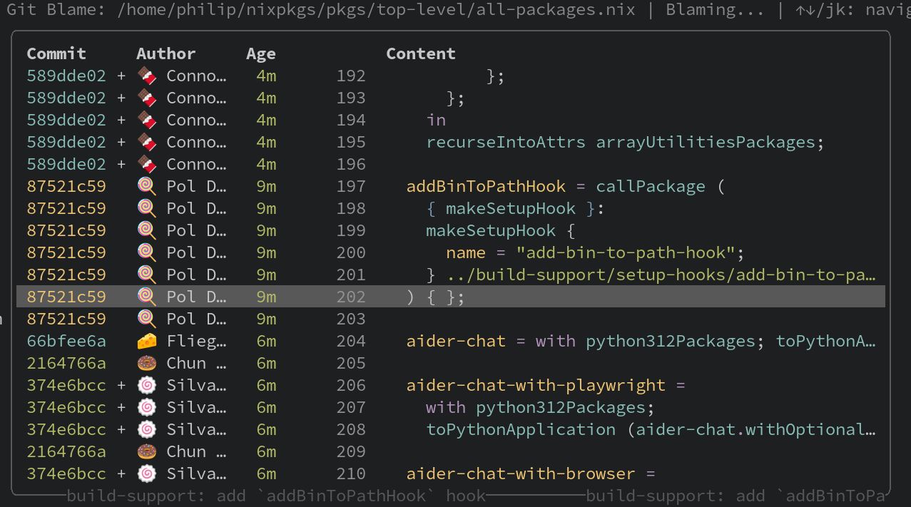 Terminal screenshot of a git blame viewer showing a Nix file with a table displaying
   commit hashes, author avatars with emojis, commit ages (4m to 9m), line numbers
  (192-210), and Nix code content. Line 202 containing '} { };' is highlighted in gray.
   The bottom border displays the commit subject 'build-support: add addBinToPathHook
  hook' between horizontal separator lines. The header shows the file path
  '/home/philip/nixpkgs/pkgs/top-level/all-packages.nix' with navigation instructions.