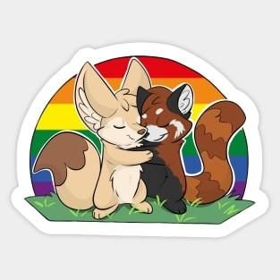 Fennec Fox hugs a Red Panda. In the Background the Rainbow Flag 🏳️‍🌈 
LGBTQIA Sticker avaible on my Merch Shop