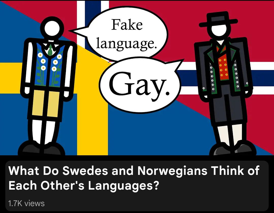 K Klein's new video: 

What Do Swedes and Norwegians Think of Each Other's Languages?

The thumbnail shows a Scandinavian cross, split down the diagonal to be swedish and Norwegian halves; with the proportions adjusted such that both flags fit perfectly in a 16:9 frame, and their crosses are aligned on the outermost edges.

Two figures are speaking.

The Swede says: "Fake language."

The Norwegian says: "Gay."