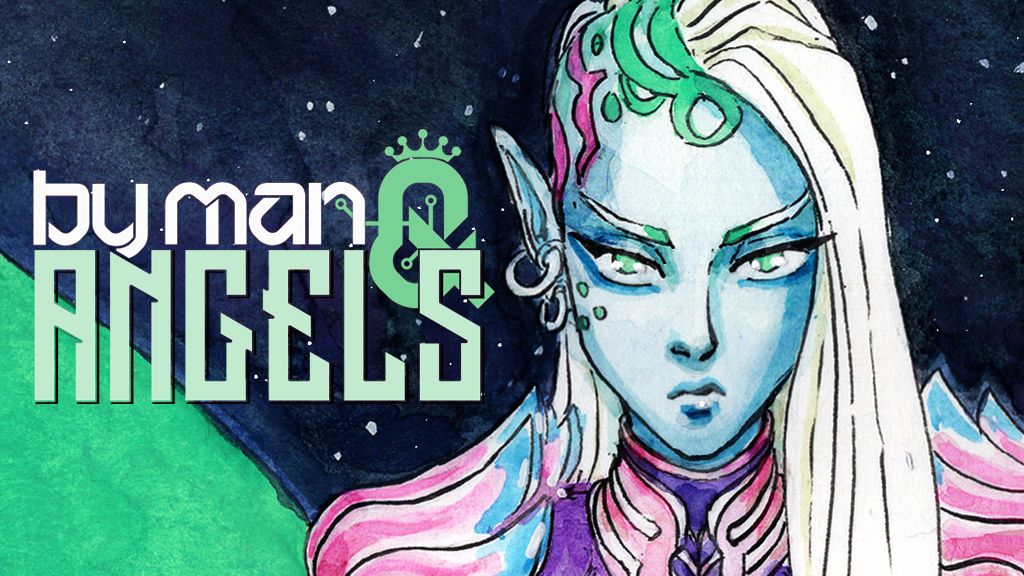 Kickstarter project cover art. By Man & Angels logo on the left - A blue space elf on the right. She's staring straight at us, dressed in some sort of pink armour. It looks like an abstract starry sky behind her. 