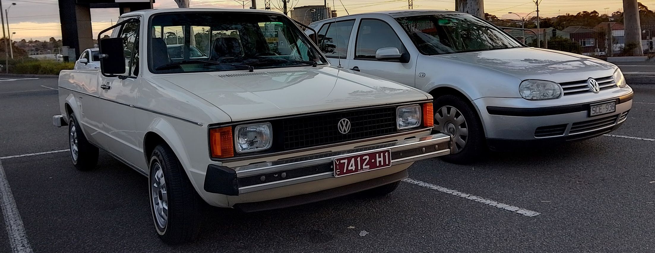 Roger the VW Rabbit pickup is registered and parked next to a VW Golf Mk4 in silver