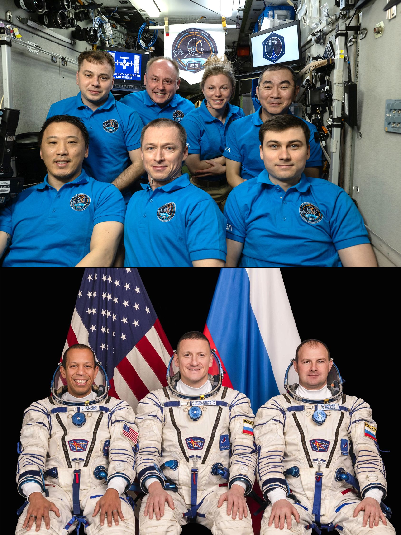 1. Pic of 7 astronauts onboard the ISS taken on Nov. 2, 2025, exactly a quarter-century after Expedition 1 arrived.

2. Soyuz MS-28 crew members (from left) NASA astronaut Chris Williams and Roscosmos cosmonauts Sergey Kud-Sverchkov and Sergey Mikaev pose for a portrait at the Gagarin Cosmonaut Training Center in Russia.
GCTC.