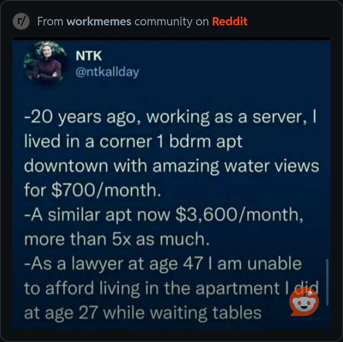 Screen grab from reddit that says: -20 years ago working as a server, I lived in a corner 1bdrm apt downtown with amazing waterview, 700$/month: similar apt now is 3600$/month,5x more: I now can’t afford as a 47year old lawyer what i could afford as a  27y/o waiter. 