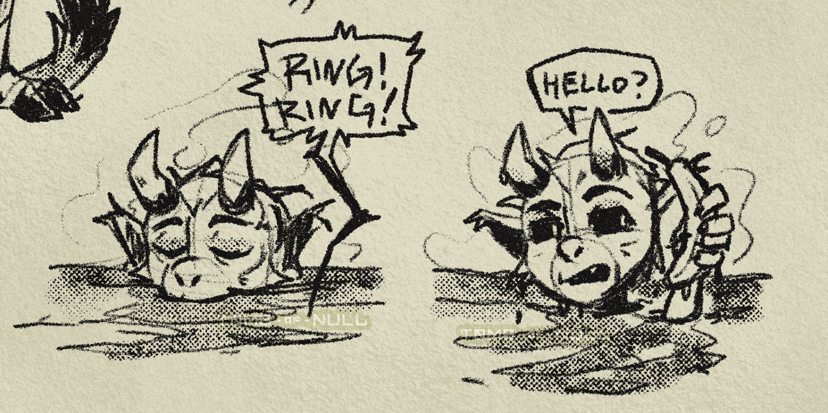 A sketches of an monkey imp thing in a hot spring.
Panel 1: The character's head is peeking out of the pool. They are relaxed. There seems to be something ringing under the water.
Panel 2: The character is holding a banana like a phone. With a confused and annoyed expression they answer,"Hello?".