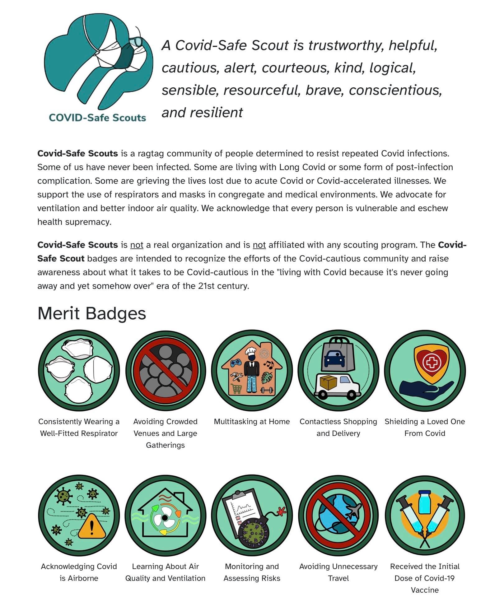 Screenshot of part of Covid-Safe Scouts page includes the COVID-Safe Scouts emblem; text describing COVID-Safe Scouts as a group advocating for COVID safety through respirators, masks, ventilation, and air quality; and the first set of Merit badges.