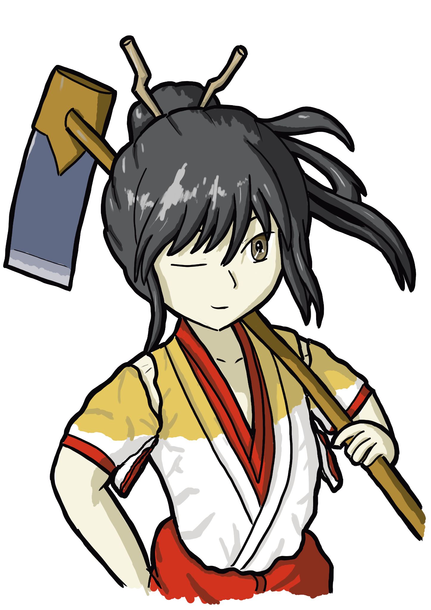 i slightly chiby version of shizuko from Sengoku Komachi Kuroutan, a manga about a girl timetraveling to the sengoku period and working under nobunaga. She is winking at the viewer and holds a hoe over her sholder