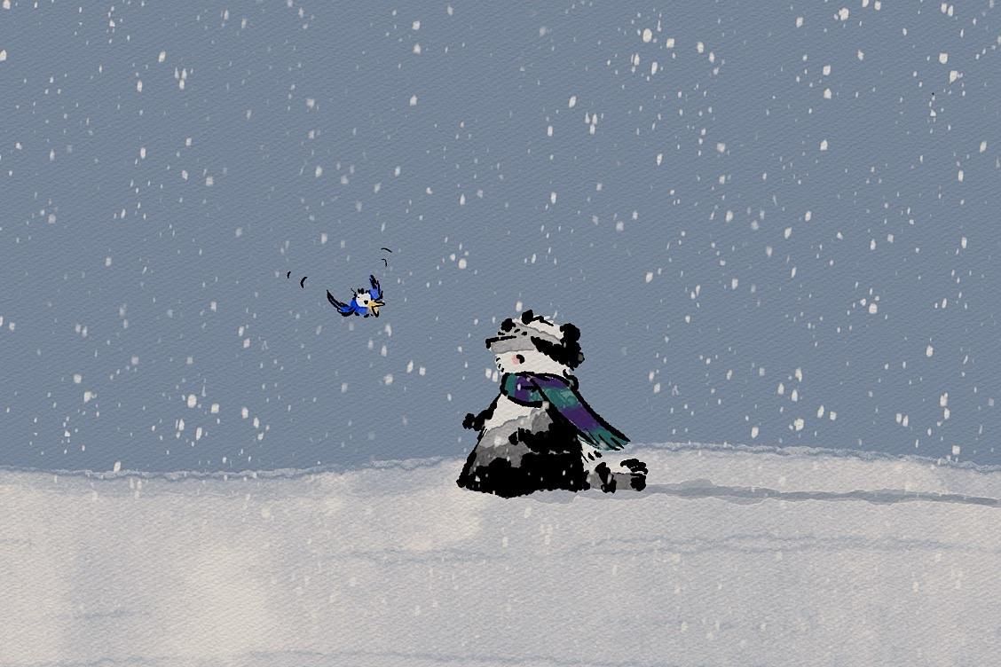 Zeichnung eines Waschbären, der durch den Schnee stapft und sich mit einem kleinen Vogel unterhält, der vor ihm herflattert.