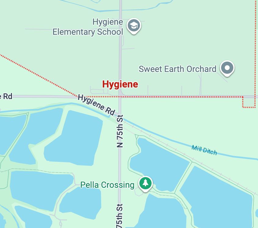 A screenshot of Google Maps showing the town of Hygiene, Colorado in the United States. 