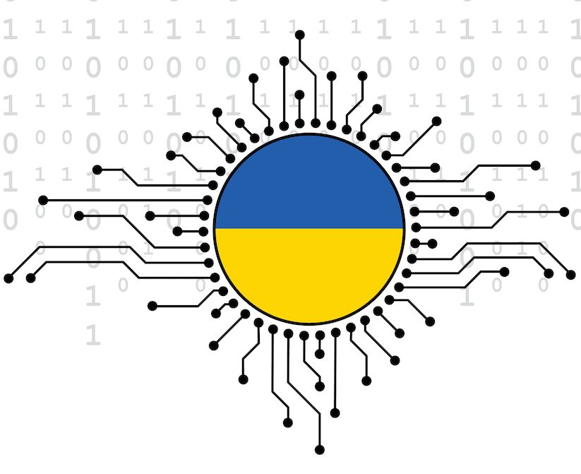 An illustration of a circle with the Ukrainian flag colors of blue on top and yellow on bottom. The circle shows many small what appear to be circuits branching out in all directions. In the background are 1s and 0s.