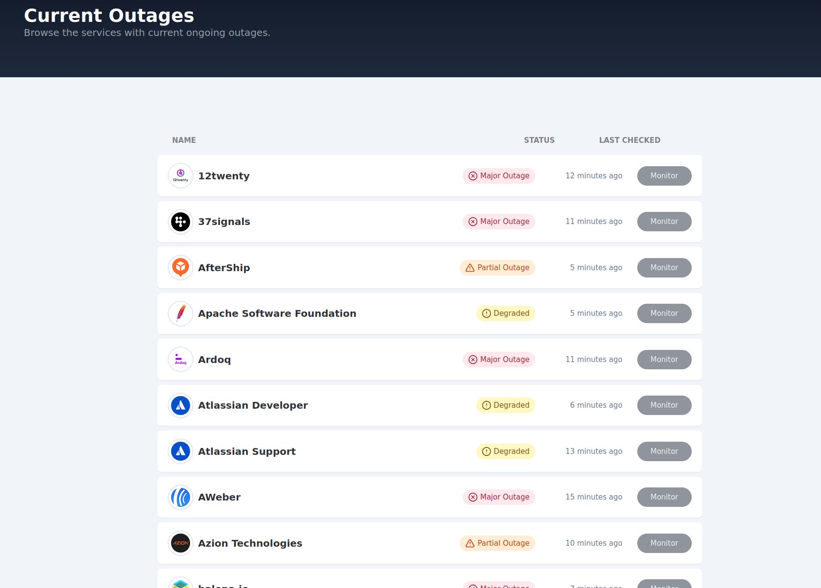 Screenshot of the statusfield.com outages as of ~5m ago.