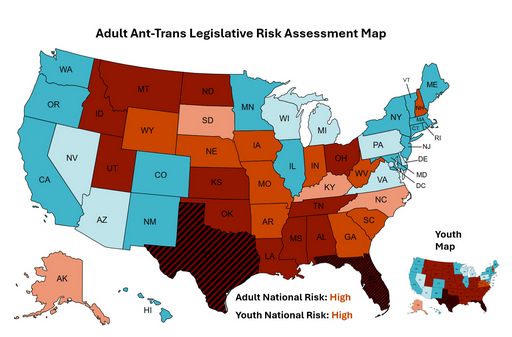Post-Election 2024 Anti-Trans Risk Assessment Map
The risk of severe anti-trans legislation has increased nationwide for transgender youth and adults.
Erin Reed, Dec 11

Rea the article online:
https://www.erininthemorning.com/p/post-election-2024-anti-trans-risk

