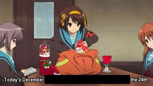 Scene from The Melancholy of Haruhi Suzumiya with doctored subtitles saying "Today's December the 24th".