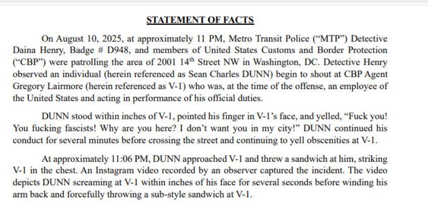 Legal description of a legal incident which someone is charged with throwing a sandwich at a CBP officer