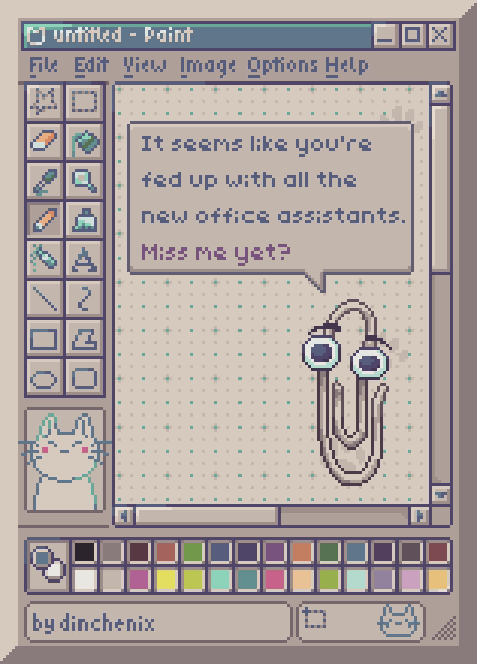 pixel art showing a retro Paint program version with Clippy on top, saying "It seems like you're fed up with all the new office assistants. Miss me yet?"