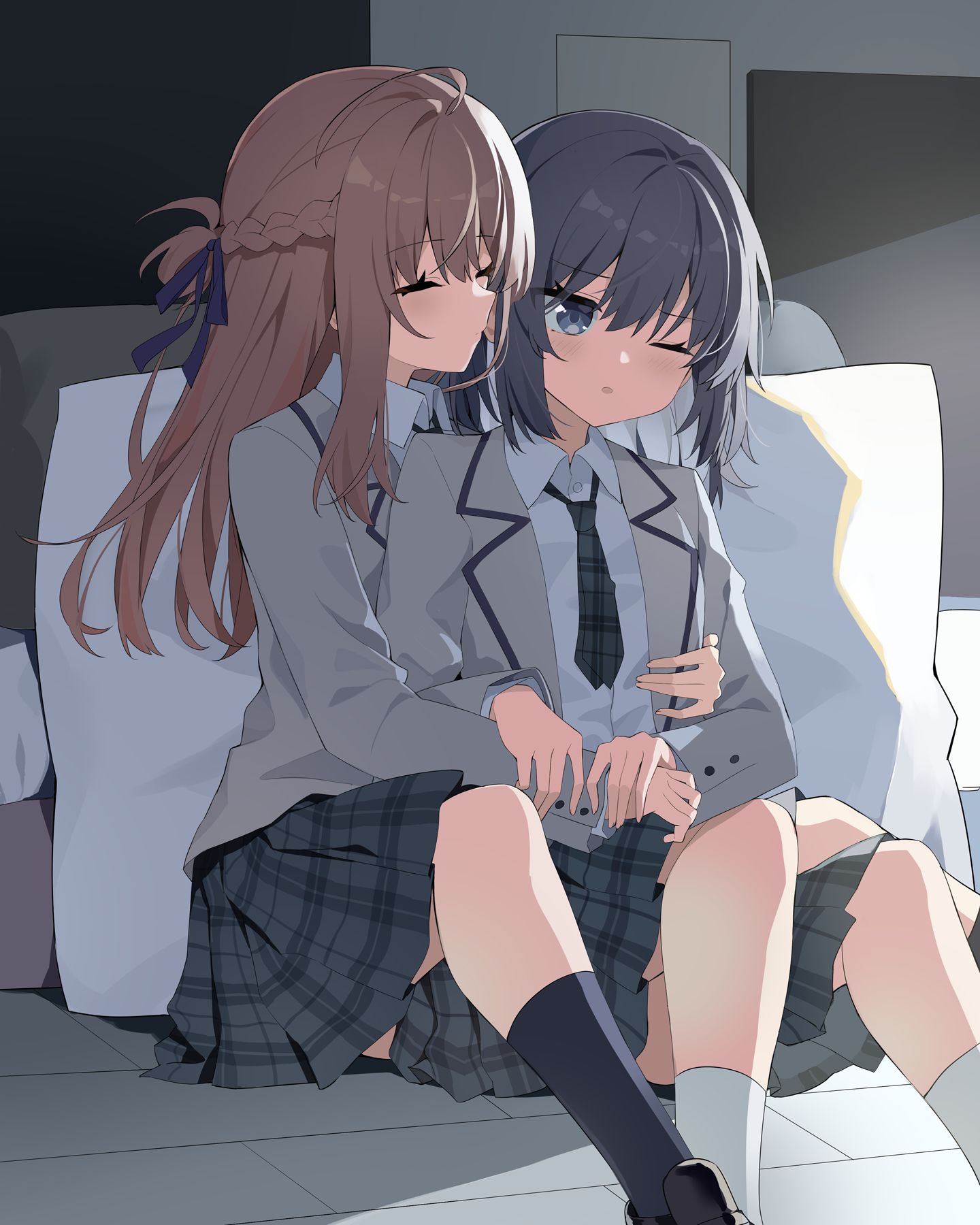 Danbooru tags: 2girls :o black_shoes blazer blue_eyes blue_hair blue_ribbon blue_socks blush braid brown_hair chinese_commentary closed_eyes collared_shirt commentary_request dress_shirt grey_jacket grey_necktie grey_skirt hair_ribbon half_updo highres hug hug_from_behind jacket kneehighs long_hair long_sleeves maidcode1023 medium_hair mixed-language_commentary miyagi_shiori multiple_girls necktie one_eye_closed partial_commentary plaid_clothes plaid_necktie plaid_skirt pleated_skirt ribbon school_uniform sendai_hazuki shirt shoes shuuniichido_classmate_wo_kau_hanashi sidelocks sitting skirt socks unmoving_pattern white_shirt white_socks yuri