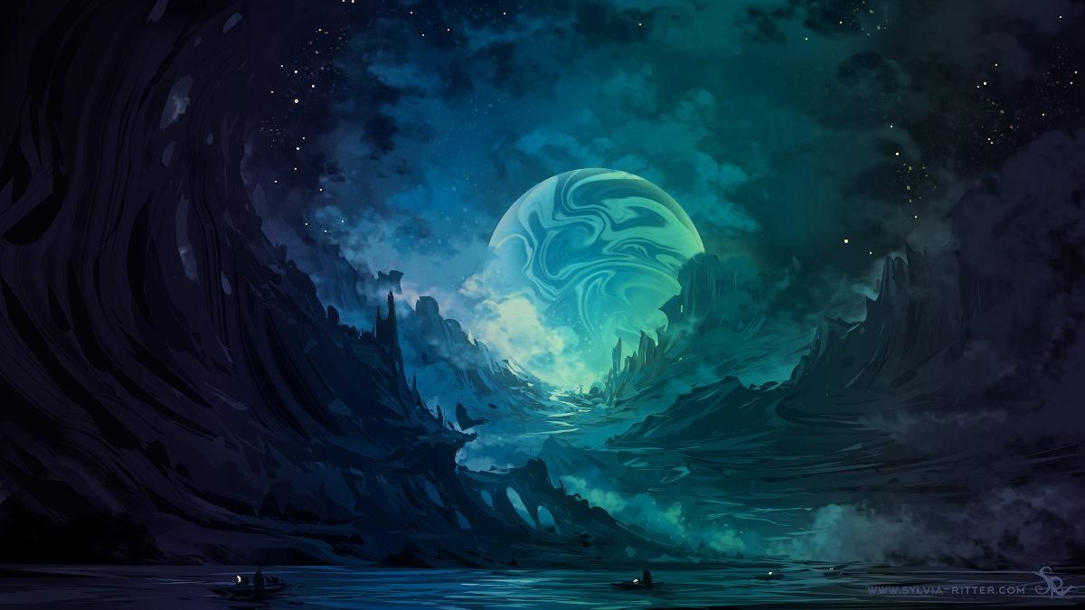 Speedpainting 15012023.
Dark colorful atmospheric space scenery (blue, green, purple colors). Alien mountain structures reaching far into the distance on the way to a new world, an unknown planet. In the front we can see travelers on boats, they have a long way to go. https://www.deviantart.com/sylviaritter/art/Speedpainting-15012023-945267711