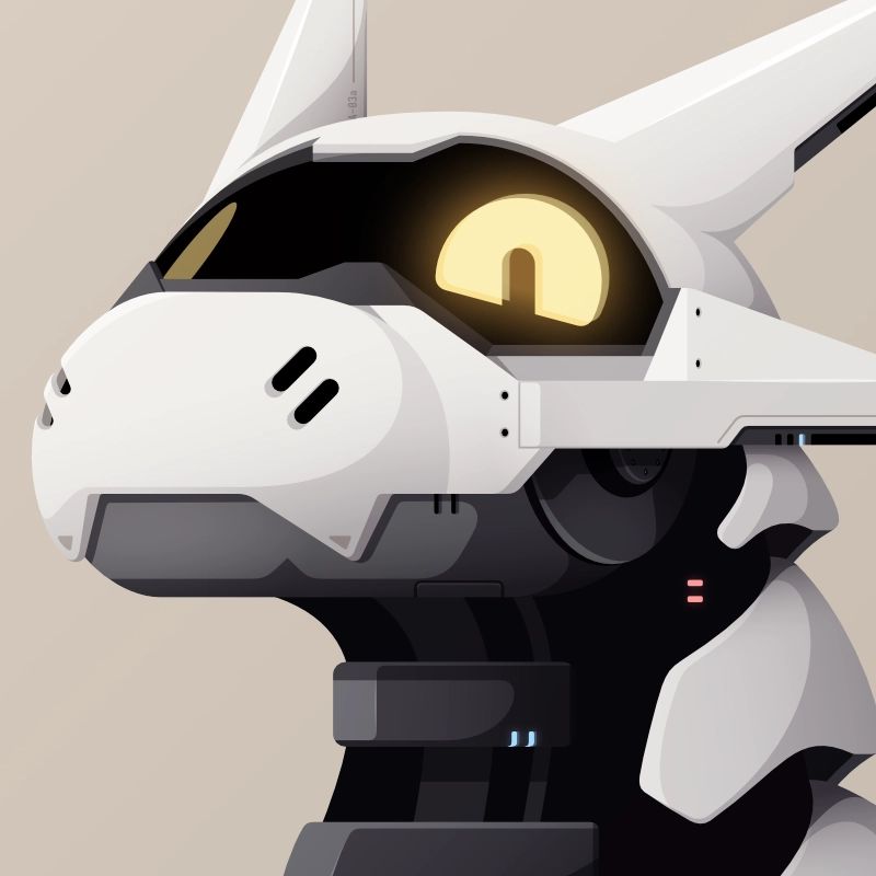 Avatar of a robotic dragon with a white chassis and black inner parts. His head has a visor with yellow simplified eyes projected into them.