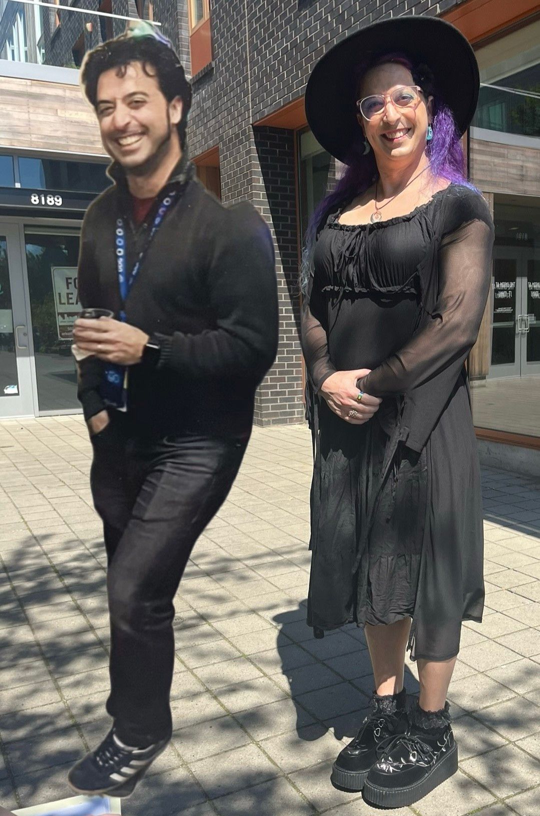 An old picture of Nora presenting masculine pasted next to a recent photo of Nora looking much more femme. They’re in similar standing and smiling poses but otherwise there’s obvious differences in their appearance, despite what my stupid brain says about nothing changing. 