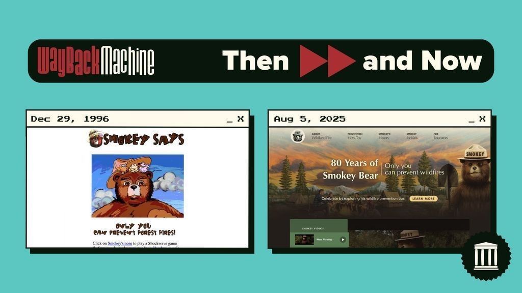 Image with text at the top that reads: Wayback Machine Then and Now. 
Below is a Wayback Machine capture of the SmokeyBear.com website from December 29, 1996, alongside a capture of the same site from August 5, 2025.